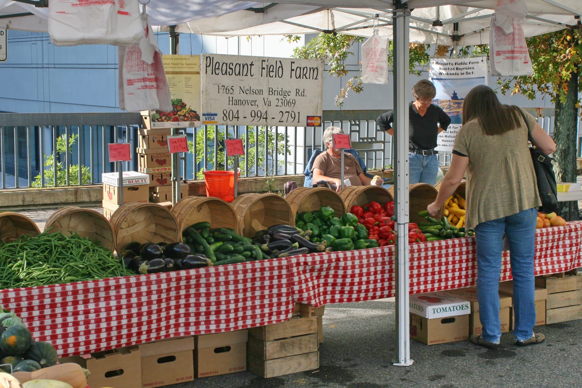 Shoppers at an outdoor farmers market with a covered pavilion in the background.